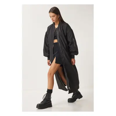 Happiness İstanbul Women's Black Oversize Zippered Long Woven Trench Coat