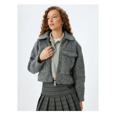 Koton Zippered Pocket Detailed Classic Collar Textured Jacket