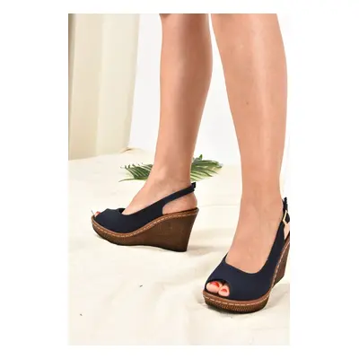 Fox Shoes Navy Blue Linen Wedge Heels Women's Shoes