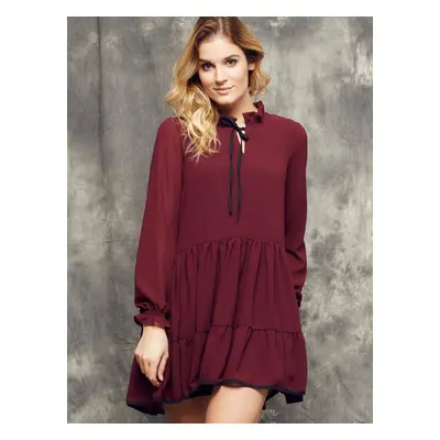 Cocomore Boutiqe dress with stand-up collar and ruffles burgundy