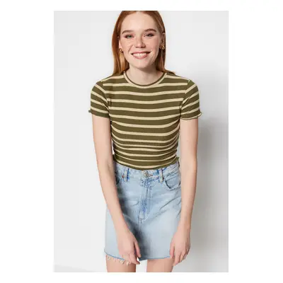 Trendyol Khaki Striped Baby Overlock Detailed Fitted Crop Ribbed Knitted Blouse