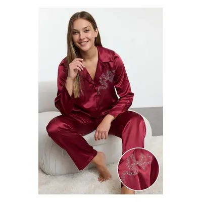 Trendyol Burgundy Stone Ribbon/Bow Accessory Detailed Satin Woven Pajama Set