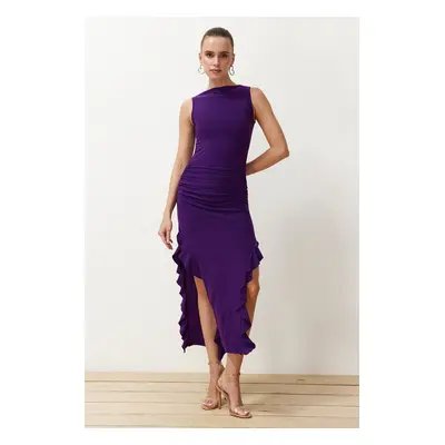 Trendyol Purple Zero Sleeve Slit Ruffle Detailed Stretchy Thick Sandy Maxi Pencil Dress