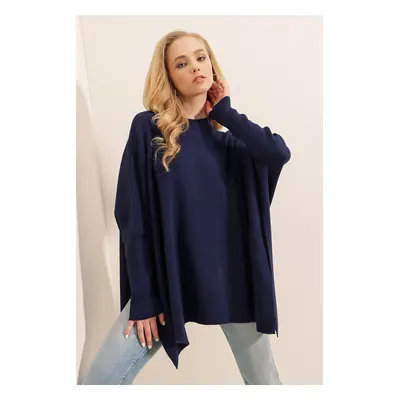 Bigdart Slit Poncho Sweater - Navy Blue