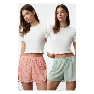 Trendyol Mint-Multicolor Pack Floral Pointel Openwork/Hole Ribbed Knitted Pajama Bottoms