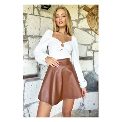 Trend Alaçatı Stili Women's Brown Elastic Waist Faux Leather Flared Mini Skirt