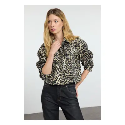 Trendyol Multicolored Leopard Print Brown Crop Denim Jacket