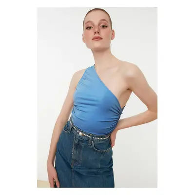 Trendyol Blue Ruffle Detailed Fitted One-Shoulder Stretchy Knitted Blouse