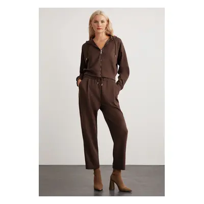 GRIMELANGE Gıada Women's Elastic Waist, Side Pocket, Short, Comfortable Leg Brown Sweatpants