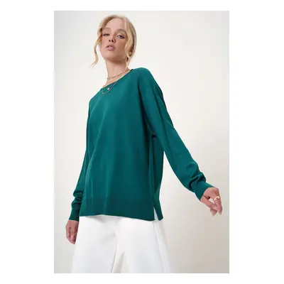 Trend Alaçatı Stili Women's Emerald Green Boat Neck Side Slit Flowy Knitwear Blouse