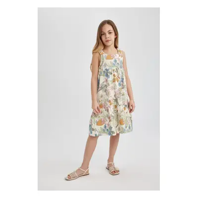 DEFACTO Girl's Patterned Combed Cotton Strap Dress