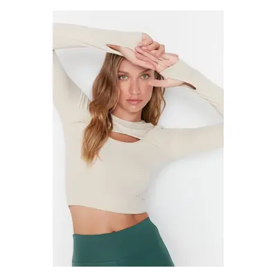 Trendyol kamenný crop top s výřezem a detaily otvoru na palec, pletený sportovní top/blůza