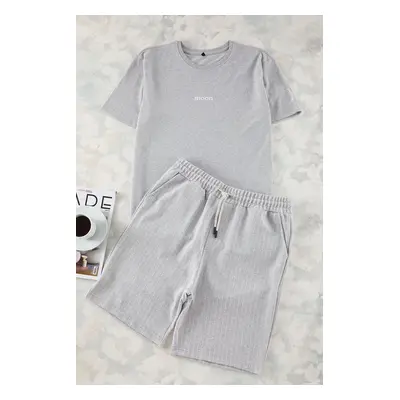 Trendyol Grey Regular Fit Printed / Striped Shorts Knitted Pajama Set