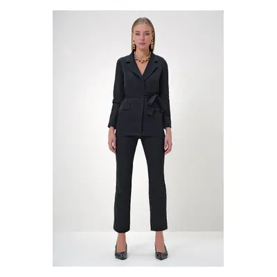 Trend Alaçatı Stili Women's Black Lined Blazer Jacket and Trousers Top and Bottom Set