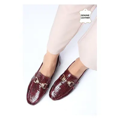 Mio Gusto Jordane Genuine Leather Claret Red Color Animal Patterned Flat Toe Women's Loafer Shoe