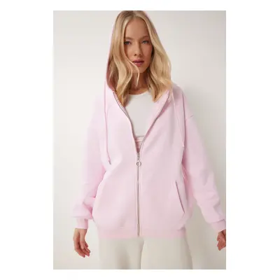 Happiness İstanbul Women's Candy Pink Hooded Zipper Oversize Sweatshirt