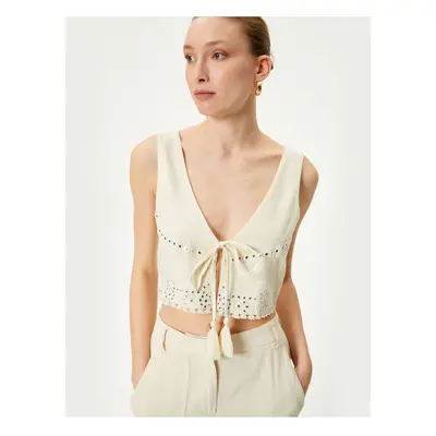 Koton Crop Vest Embroidered Tassel Tie Detailed V-Neck