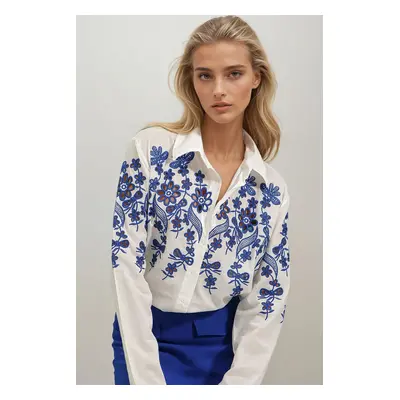 Trend Alaçatı Stili Women's White Embroidered Front And Sleeves Embroidered Woven Shirt