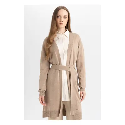 DEFACTO Regular Fit Basic Plain Belted Long Knitted Cardigan