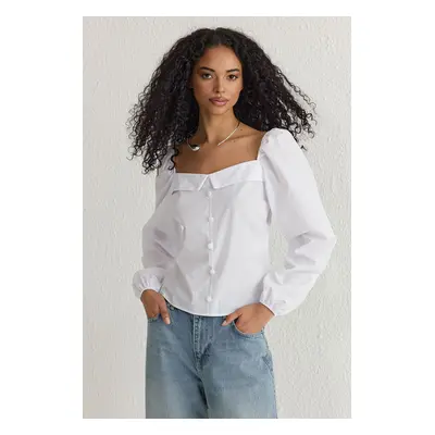 Trendyol White Shoulders Gathered Long Sleeve Collar Detail Woven Blouse