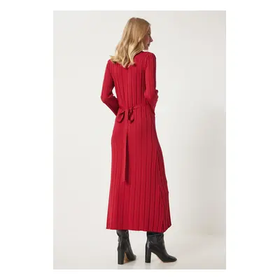 Happiness İstanbul Women's Red Belted Ribbed Long Knit Dress