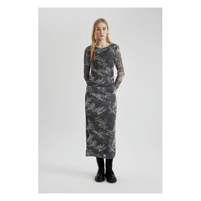 DEFACTO Cool Bodycon Patterned Tulle Long Sleeve Maxi Dress