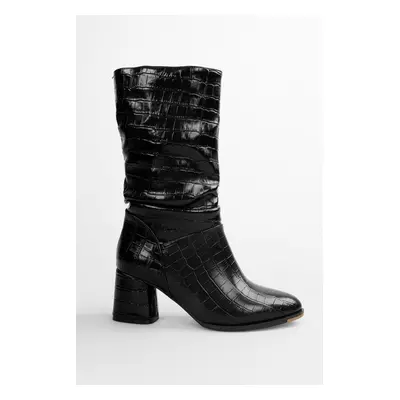 Shoeberry Women's Nollie Black Crocodile Heeled Gusseted Boots