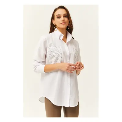 Olalook Women's White Pocket Staple Detailed Oversize Shirt