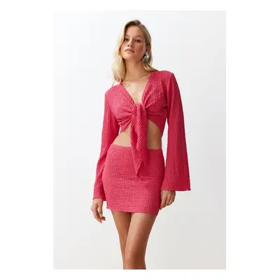 Trendyol Fuchsia Woven Tie-Up Blouse Skirt Set