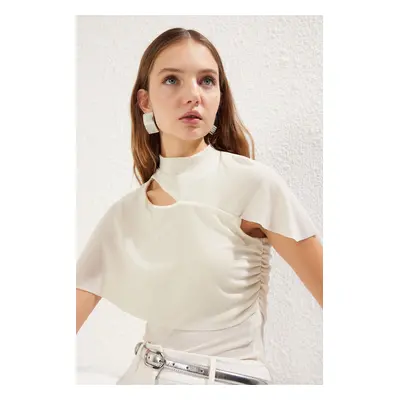 Trendyol Ecru Cut Out/Window Detail Draped Glittery Knitted Blouse