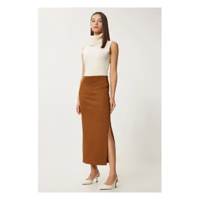 Happiness İstanbul Women's Tan Slit Long Suede Skirt