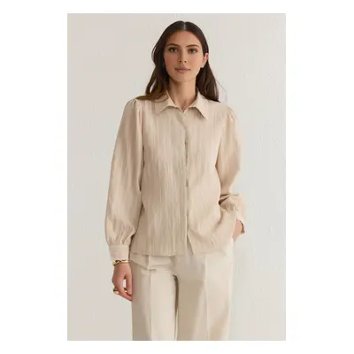 Trendyol Beige Back Tie Detail Striped Buttoned Regular Regular Pattern Woven Shirt