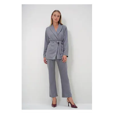 Trend Alaçatı Stili Women's Grey Shawl Collar Self-Belted Jacket and Palazzo Trousers Set