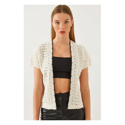 Bianco Lucci Women's Short Sleeve Openwork Knitted Cardigan