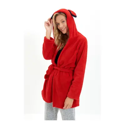 Trendyol Red Ear and Back Embroidery Detailed Plush/Wellsoft Winter Knitted Dressing Gown