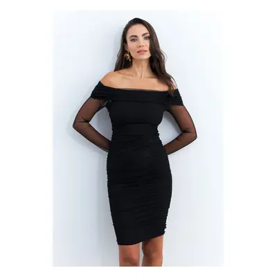 Cool & Sexy Women's Black Madonna Collar Midi Tulle New Year's Dress