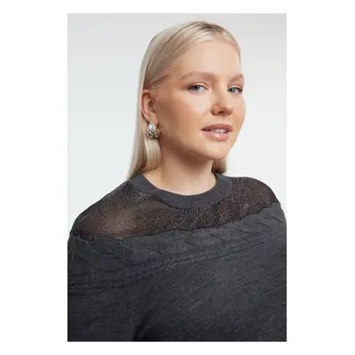 Trendyol Curve Anthracite Braided Tulle Detailed Knitwear Sweater