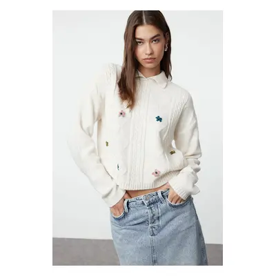 Trendyol Stone Soft Textured Rose Detailed Knitwear Sweater