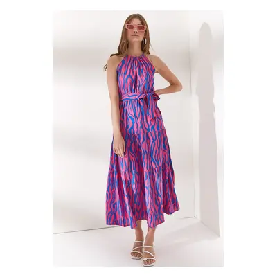 Olalook Women's Zebra Fuchsia Halter Neck Belted Woven Viscon Dress