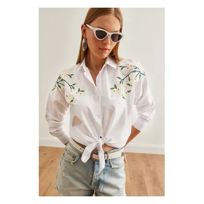 Olalook Women's Daisy White Embroidery Detailed Oversize Woven Shirt