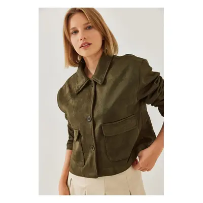 Bianco Lucci Women's Double Pocket Buttoned Suede Jacket