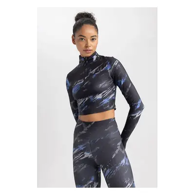 DEFACTO Fit Crop Sheer Digital Printed Patterned Long Sleeve T-Shirt