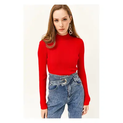 Olalook Women's Red Half Turtleneck Zigzag Textured Soft Knitwear Sweater