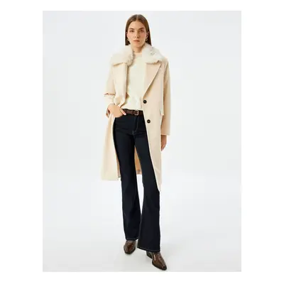 Koton Double Breasted Long Cashmere Coat with Detachable Faux Für Collar