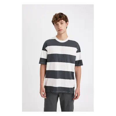 DEFACTO Anthracite Boxy Fit Crew Neck Striped Cotton Short Sleeve T-Shirt