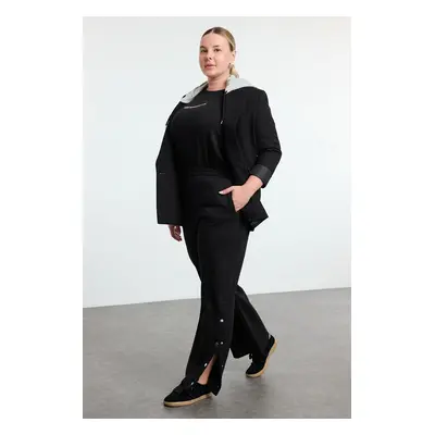 Trendyol Curve Black Wide Leg Fleece Inside Snap Detail Knit Plus Size Sweatpants