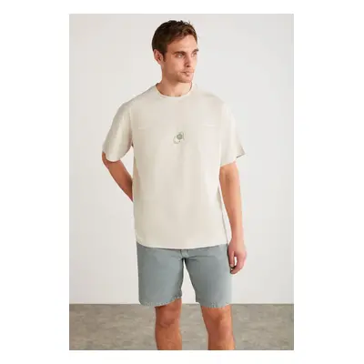 GRIMELANGE Denver Men's Printed Detail Oversize Crew Neck Short Sleeve 100% Organic Cotton Stone