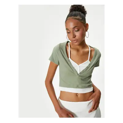 Koton Crop T-Shirt V-Neck Camisole Buttoned Short Sleeve