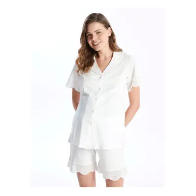 LC Waikiki Shirt Collar Lace Detailed Short Sleeve Women's Pajama Set with Shorts