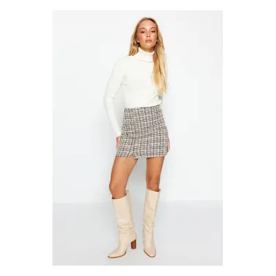 Trendyol Brown Tweed Regular Waist Mini Knitted Skirt With Zipper and a Slit